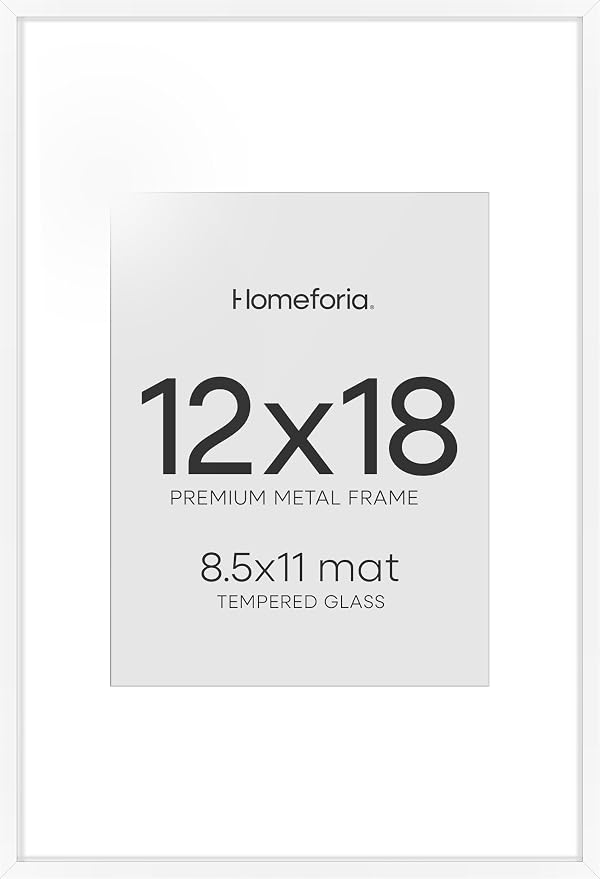 Homeforia 12x18 Picture Frame White, High End Metal 12x18 Poster Frames with Mat 8.5x11 Photo, 12 x 18 White Frames Matted to 8.5 by 11 inch Print, 18x12 Thin Frame, Tempered Glass, Wall Kit, Set of 2
