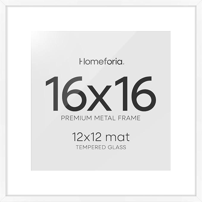 Homeforia 16x16 Picture Frame White, High End Metal 16x16 Square Poster Frame Matted to 12x12 Print, 16 x 16 White Frames with Mat 12 x 12 Photo, 16by16 Thin Frames, Tempered Glass, Wall Kit, Set of 2