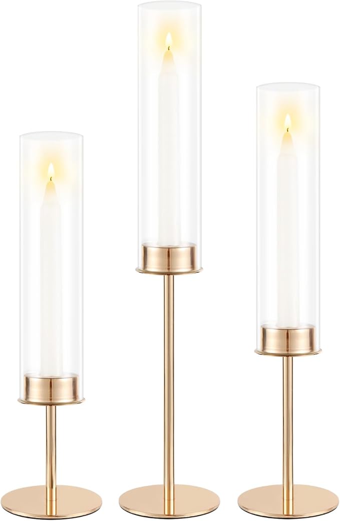 POKINE Gold Candle Holders Set of 3 for Glass Taper Candle Holders,Hurricane Candlestick Holder for Home Decor, Wedding, Dinning, Party Decorative, Anniversary (3,Gold)