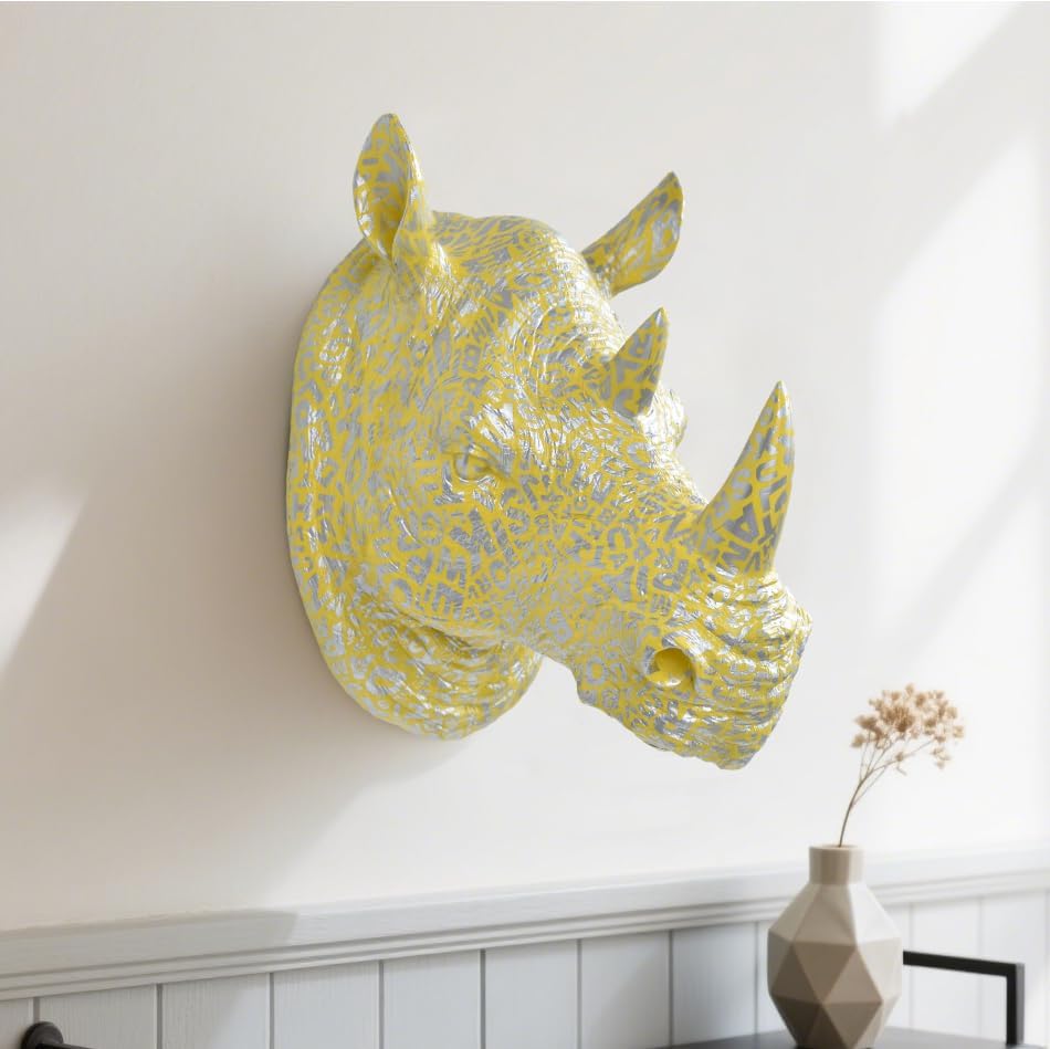 Rhino Head Wall Mount Resin Safari Animal Sculpture, Modern Faux Decor for Living Room Bedroom Office Realistic Wildlife Art Bust Yellow