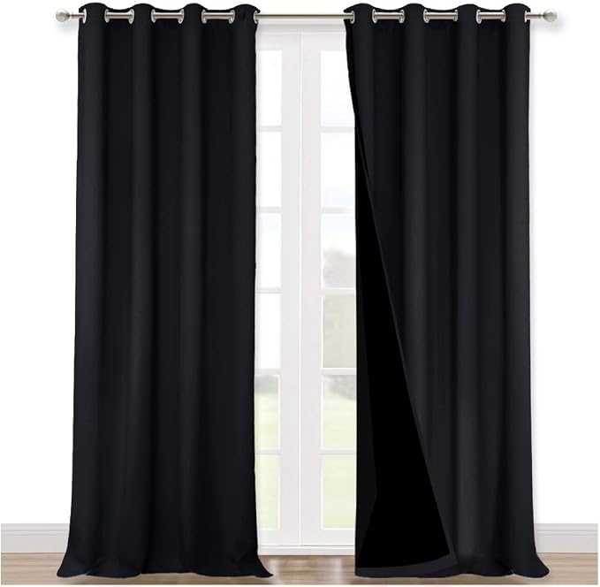 NICETOWN Extra Long Truly Blackout Drapes for Hall and Villa, 52-inch Width Each Panel, 120-inch Length, Black, 2 Pieces, 100% Blackout Window Curtain Panels with Black Lined for Night Shift Worker