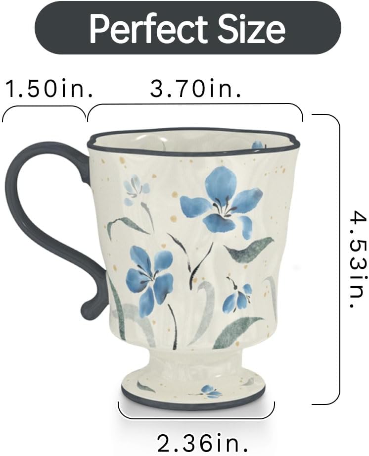 360ml -12.17oz Painted Forget-Me-Not Floral Ceramic Mug - Cute Coffee Cup for Latte, Espresso - Gift for Women, Dishwasher Safe