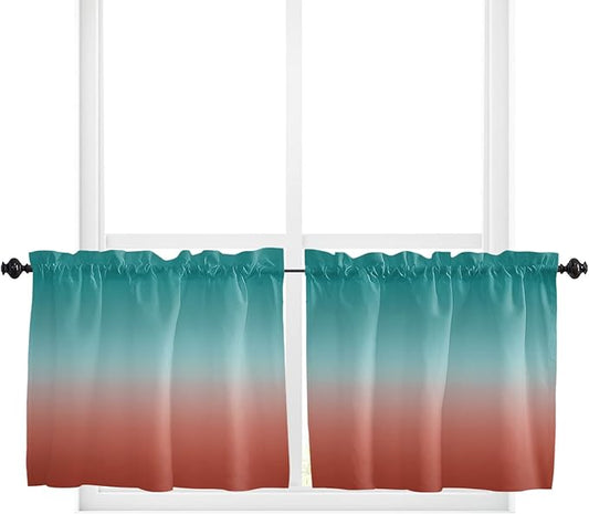 24 Inch Long Tier Curtains for Kitchen, Red Cyan Turquoise Gradient Bathroom Window Curtains Rod Pocket Short Curtains Window Treatment Tiers for Living Room Farmhouse 2 Panels