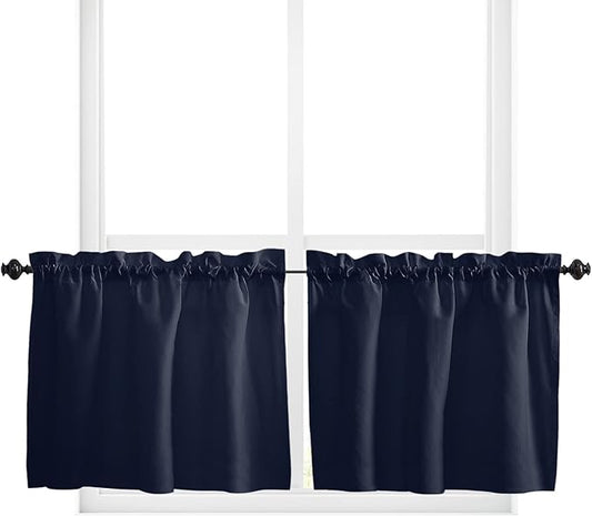 24 Inch Long Tier Curtains for Kitchen, Solid Color Dark Blue Bathroom Window Curtains Rod Pocket Short Curtains Window Treatment Tiers for Living Room Farmhouse 2 Panels