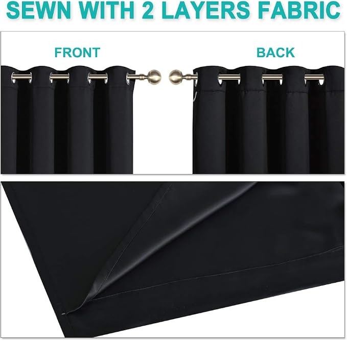 NICETOWN Complete 100% Blackout Curtain Set, Thermal Insulated & Energy Efficiency Window Draperies with Black Liner, Noise Reducing Short Curtains for Kids Room (Black, 46"W by 54"L, Double Panels)
