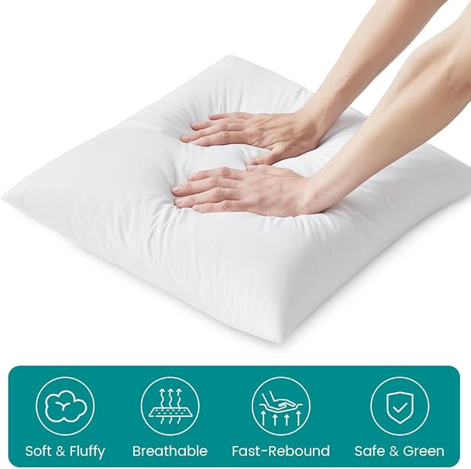 Oubonun 20 x 20 Down Feather Pillow Inserts - Fluffy and Plush Odor-Free Fill - 100% Breathable Cotton Fabric for Couch Sofa Bed, White, Pack of 4