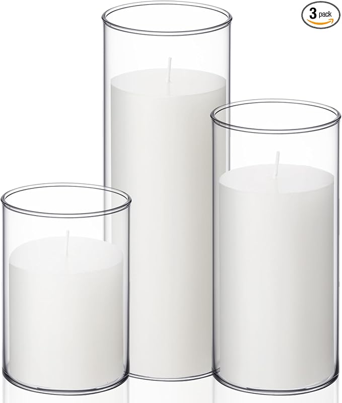 Shihanee Set of 3 Pillar Candles and 3 Glass Cylinder Candle Vases Holders Clear Pillar Jars for Wedding Centerpieces(3'' x 5.9'', 7.9'', 9.8'',White)