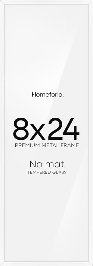 Homeforia 8x24 Panoramic Frame White, High End Metal 8 x 24 Picture Frames without Mat, 24x8 Hanging White Poster Frames for Wall, 8 by 24 inches Display Photo Frames, Tempered Glass, Wall Kit, Set of 2