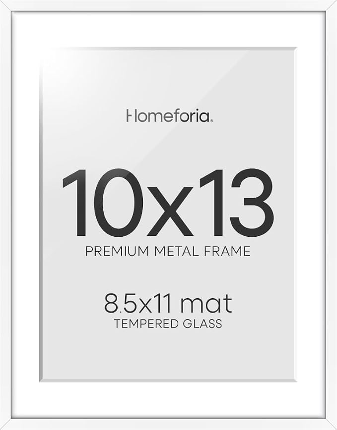 Homeforia 10x13 Picture Frame White, High End Metal 10x13 Poster Frames with Mat for 8.5x11, 10 x 13 White Frames Matted to 8.5 x 11 inch Photo, 10by13 Hanging Frames, Tempered Glass, Wall Kit, Set of 2