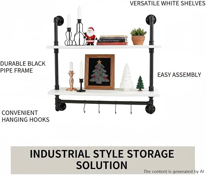 ROGMARS White Floating Wall Shelves Industrial Pipe Shelving 30 Inch | Wood Bathroom Shelves with Towel Bar Over Toilet, Rustic Farmhouse Pipe Wall Shelves for Kitchen Living Room