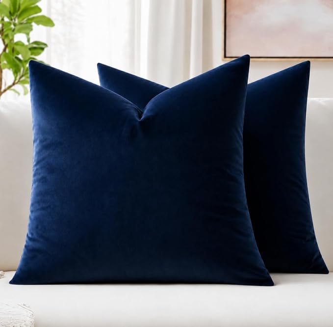 MIULEE 28x28 Inch Euro Sham Velvet Pillow Covers, Set of 2 Large Square Decorative Pillows -Dark Blue Super Soft for King Bed, Sofa, Couch, Accent Chairs with Hidden Zipper