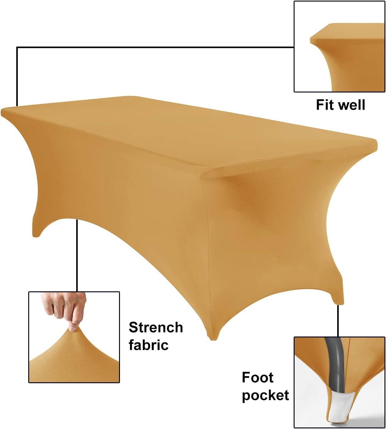 4Pack Spandex Waterproof Table Covers 8ft，Spandex 8ft Waterproof Table Cover for Party,Wedding, Banquet, and Events(Gold)