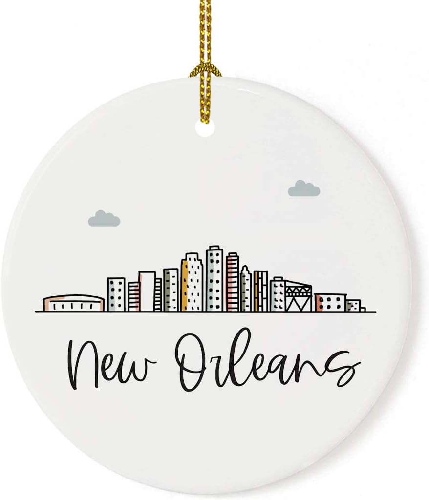 Andaz Press Round Ceramic Porcelain Christmas Tree Ornament Keepsake Gift, New Orleans, Colorful City Skyline Graphic, 1-Pack, Birthday Ideas Family Coworker Him Her, Includes Gift Box