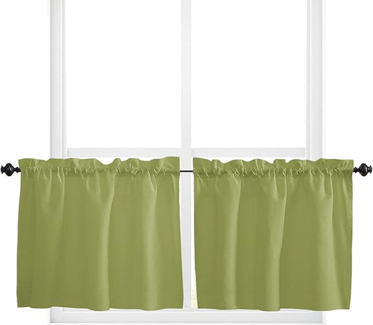 24 Inch Long Tier Curtains for Kitchen, Solid Color Olive Bathroom Window Curtains Rod Pocket Short Curtains Window Treatment Tiers for Living Room Farmhouse 2 Panels