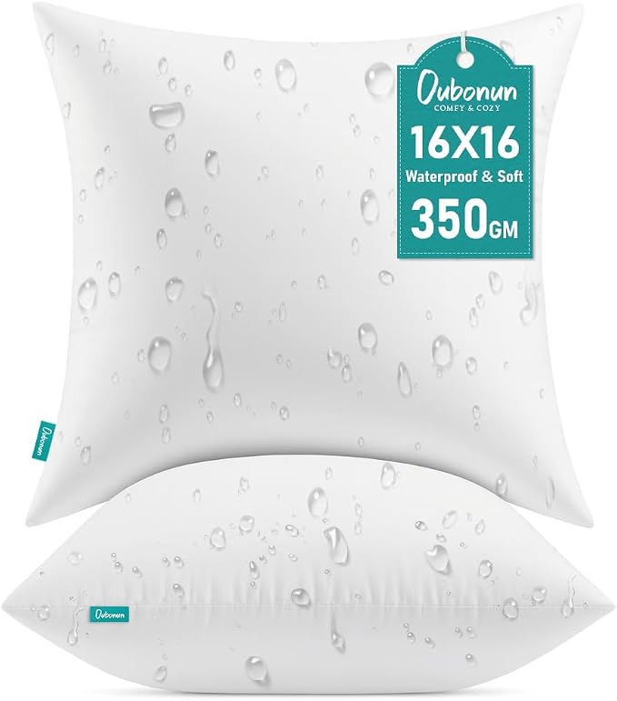 Oubonun 16x16 Waterproof Outdoor Pillow Inserts – Set of 2 Firm & Fluffy, Water Resistant Throw Pillows for Patio, Garden, Porch, or Indoor Decorative