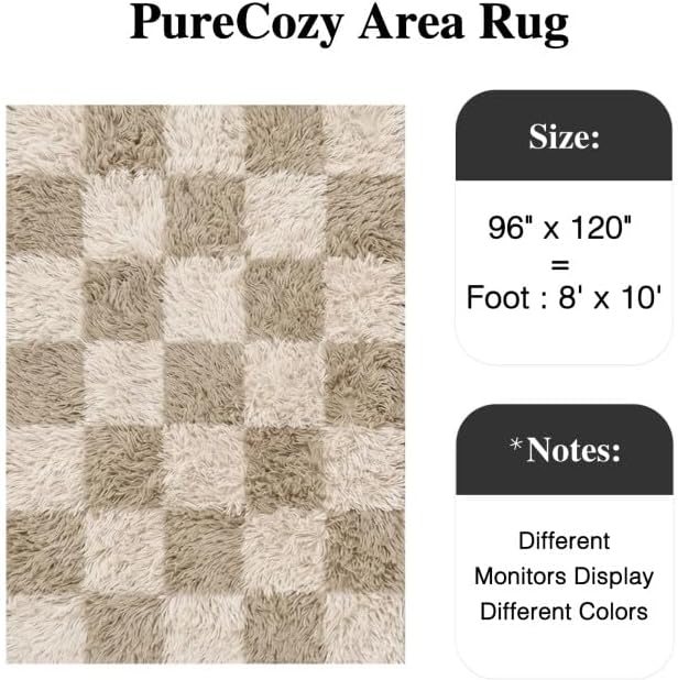 PureCozy Beige 8x10 Area Rugs for Living Room Soft Shag Checkered Large Rug Modern Washable Indoor Office Fuzzy Carpet Non-Slip Fluffy Rugs for Bedroom Nursery Dorm Playroom Home Aesthetic Decor