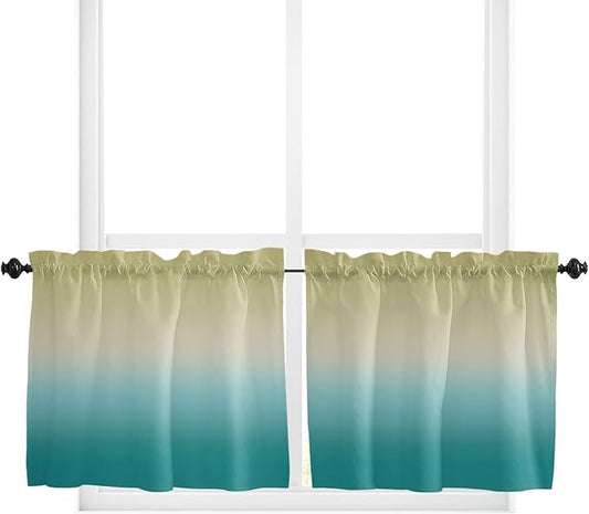 24 Inch Long Tier Curtains for Kitchen, Yellow Cyan Turquoise Gradient Bathroom Window Curtains Rod Pocket Short Curtains Window Treatment Tiers for Living Room Farmhouse 2 Panels