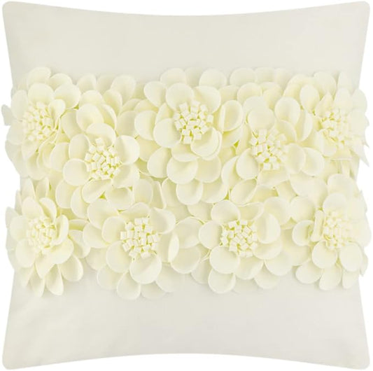 JWH Handmade 3D Flower Throw Pillow Covers Decorative Floral Accent Pillow Cases Velvet Cushion Cover for Car Bed Couch Bedroom Decor 18x18 Inch Cream White