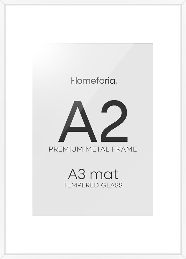 Homeforia A2 Picture Frame White, High End Metal 16.5 x 23.5 inch Poster Frames with Mat 11.7 x 16.5 for Photo, A2 Size Frames Matted to A3 Print, 16.5 by 23.4 Hanging Frames, Tempered Glass, Set of 2
