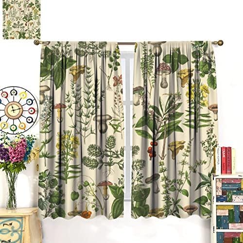 Vintage Botanical Curtains,Antique 1900s Plants Herbs Mushroom Blackout Window Drapes for Kitchen,Boho Retro Wildflower Green Leaf Ferns Farmhouse Window Treatment for Living Room 42x63in