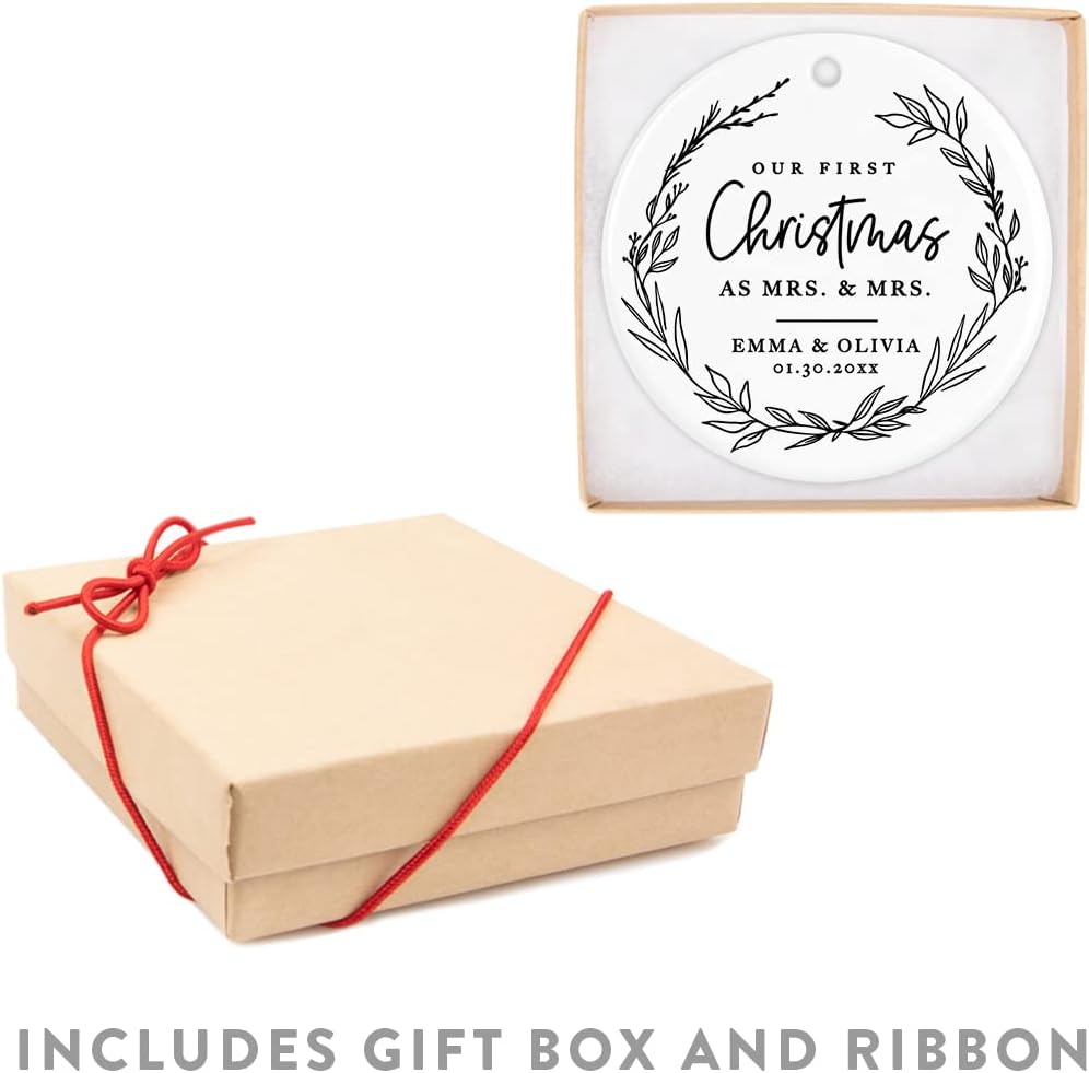 Andaz Press Personalized Our First Christmas As Mrs. & Mrs. 2025 Christmas Ornaments Modern Farmhouse Wreath 2.8" Round Porcelain Ceramic Lesbian Married Couple Gay Women Newlyweds Keepsake 1-Pack