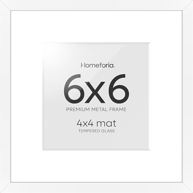 Homeforia 6x6 Picture Frame White, High End Metal 6 x 6 Square Photo Frames with Mat 4 by 4, 6x6 Poster Frame Matted to 4x4 inches Print, 6by6 Wall or Tabletop Frame, Tempered Glass, Wall Kit, Set of 2