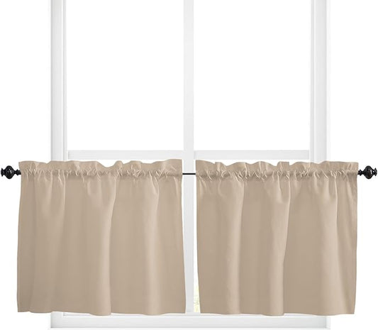 24 Inch Long Tier Curtains for Kitchen, Solid Color Light Khaki Bathroom Window Curtains Rod Pocket Short Curtains Window Treatment Tiers for Living Room Farmhouse 2 Panels
