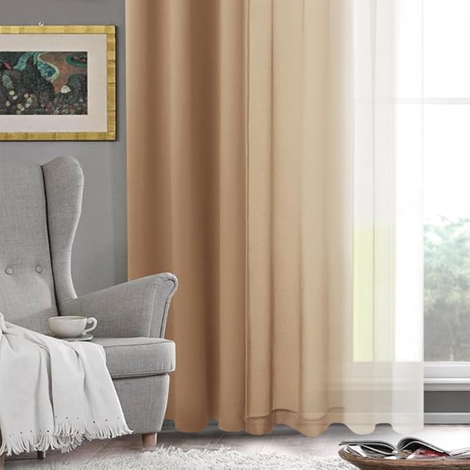 DWCN Ombre Faux Linen Sheer Curtains - Extra Wide Gradient Semi Voile Light Filtering Grommet Top Bedroom and Living Room Curtains, 60 x 63 Inches Long, Set of 2 Window Curtain Panels, Taupe