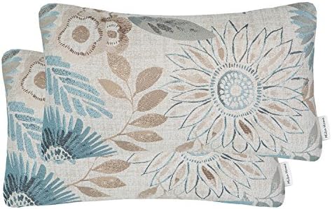 Mika Home Pack of 2 Decorative Oblong Rectangular Throw Pillow Cover Cushion Cases for Chair,Sunflower Pattern,12x20 Inches, Blue Cream