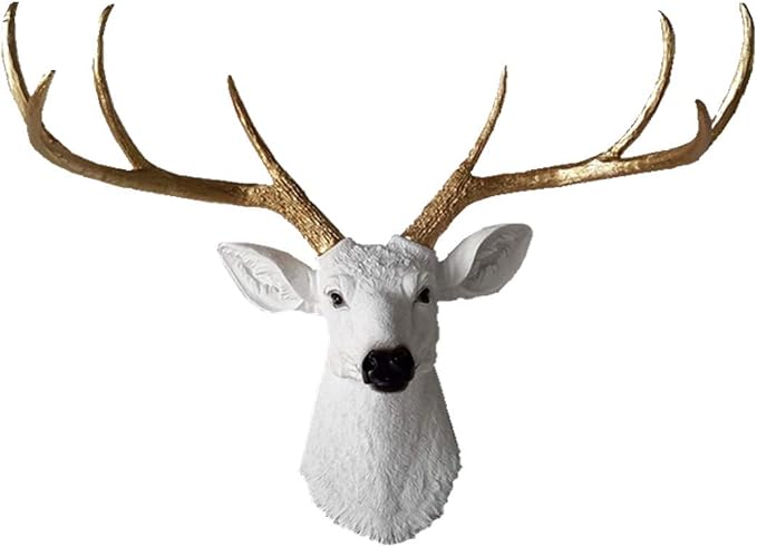 YJ Home Larger Faux Deer Head - Rustic Wall Decor Deer Antlers,Faux Taxidermy Animal Head Wall Decor - Handmade Farmhouse Decor (White haed gold antlers, 27.5''Wx20''H)