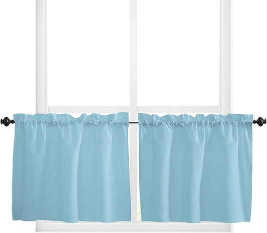 24 Inch Long Tier Curtains for Kitchen, Soild Color Sapphire Blue Bathroom Window Curtains Rod Pocket Short Curtains Window Treatment Tiers for Living Room Farmhouse 2 Panels
