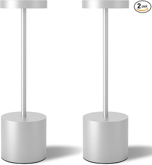TBBGA Cordless Table Lamps Set of 2, 5000mAh Rechargeable Battery Powered Lamp, 3 Color Stepless Dimming LED Table Lamp, Portable Table Light for Outdoor/Indoor/Restaurant/Home. (Silver)