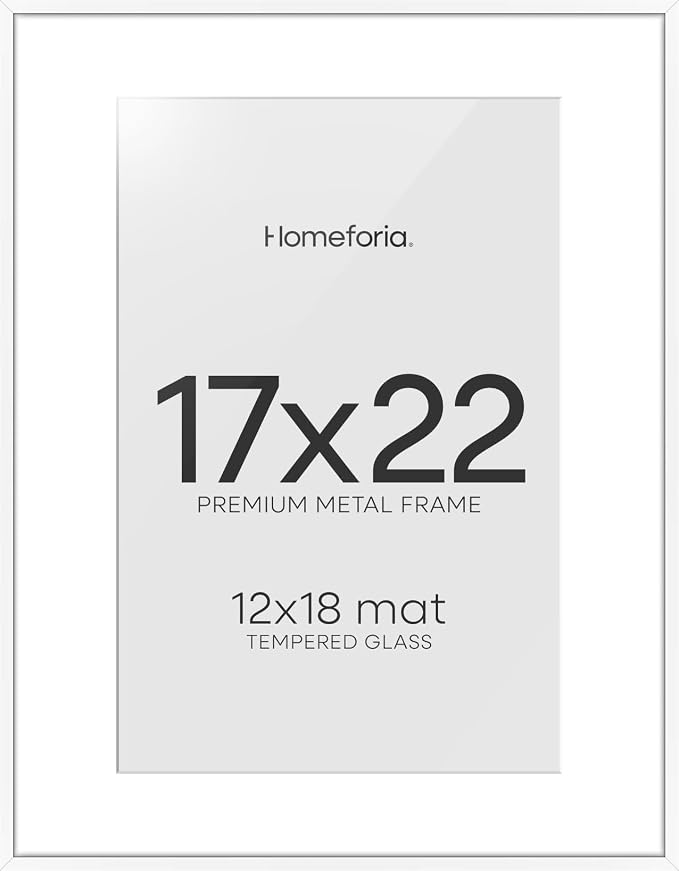 Homeforia 17x22 Picture Frame White, High End Metal 17x22 Poster Frames with Mat 12x18 Photo, 17 x 22 White Frame Matted to 12 by 18 Print, 22by17 Thin Hanging Frames, Tempered Glass, Wall Kit, Set of 2