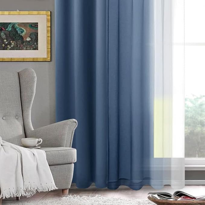 DWCN Ombre Short Sheer Curtains - Faux Linen Semi Voile Gradient Light-Filtering Bedroom and Living Room Curtains, Set of 2 Grommet Top Window Drape Panels, 42 x 45 Inch Length, Denim Blue