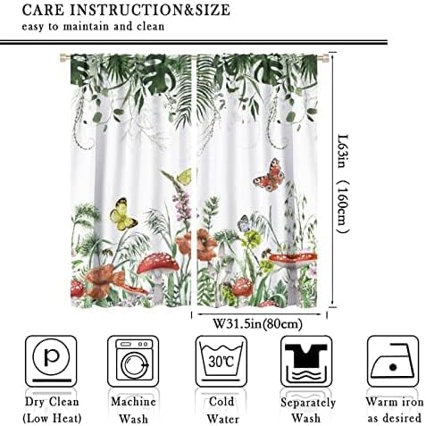 Red Mushroom Curtains,Boho Green Plant Butterfly Bee Wildflower Window Drapes,Summer Eucalyptus Leaf Tropical Vintage Window Treatment for Living Room Bedroom Cafe Kitchen 63x63in
