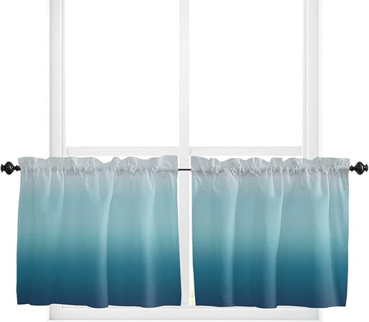 24 Inch Long Tier Curtains for Kitchen, Blue Gradient Bathroom Window Curtains Rod Pocket Short Curtains Window Treatment Tiers for Living Room Farmhouse 2 Panels
