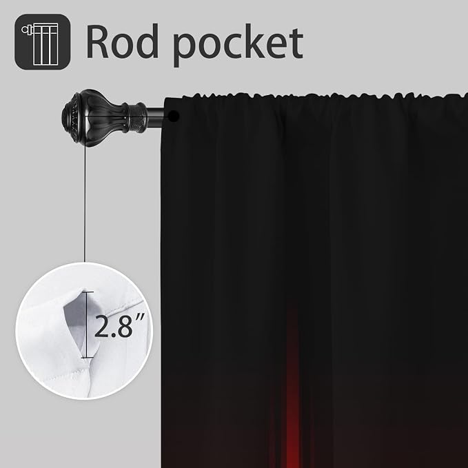 Coxila Red Black Window Curtains for Bedroom 52 x 63 Inch Rod Pocket Ombre Wide Burgundy Simple Boho Stripe Gradient Pattern Design Living Room Treatment Set of 2 Curtain Panels Drapes Drapes