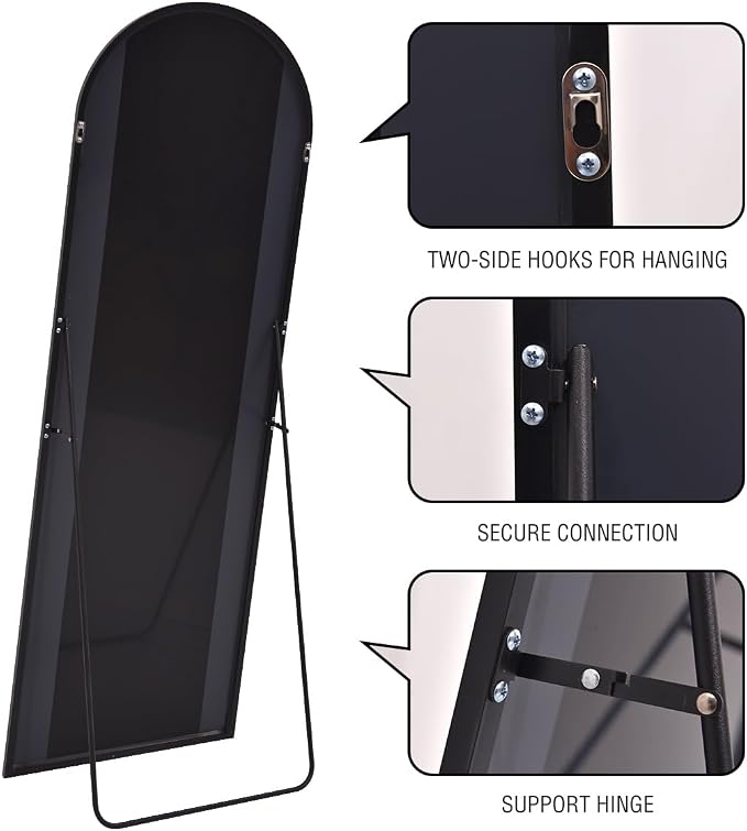 DYNWELL Arched Full Length Mirror, Floor Mirror with Stand, 64"x21" Large Mirror, Wall Mirror Full Length, Black Floor Length Mirror, Body Floor Mirror, Wall Mounted Mirror for Bedroom, Black