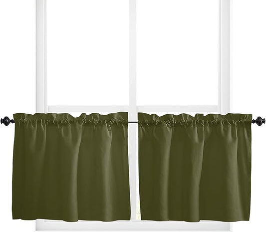 24 Inch Long Tier Curtains for Kitchen, Solid Color Dark Olive Green Bathroom Window Curtains Rod Pocket Short Curtains Window Treatment Tiers for Living Room Farmhouse 2 Panels