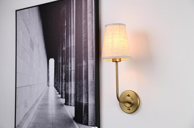 PERMO Set of 2 Rustic Vintage Wall Sconce Light Fixture with Flared Funnel Linen Fabric Shade Nightstand Lamps for Bedrooms Bedside Reading (Antique Brass)