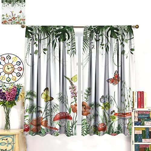 Red Mushroom Curtains,Boho Green Plant Butterfly Bee Wildflower Window Drapes,Summer Eucalyptus Leaf Tropical Vintage Window Treatment for Living Room Bedroom Cafe Kitchen 55x63in