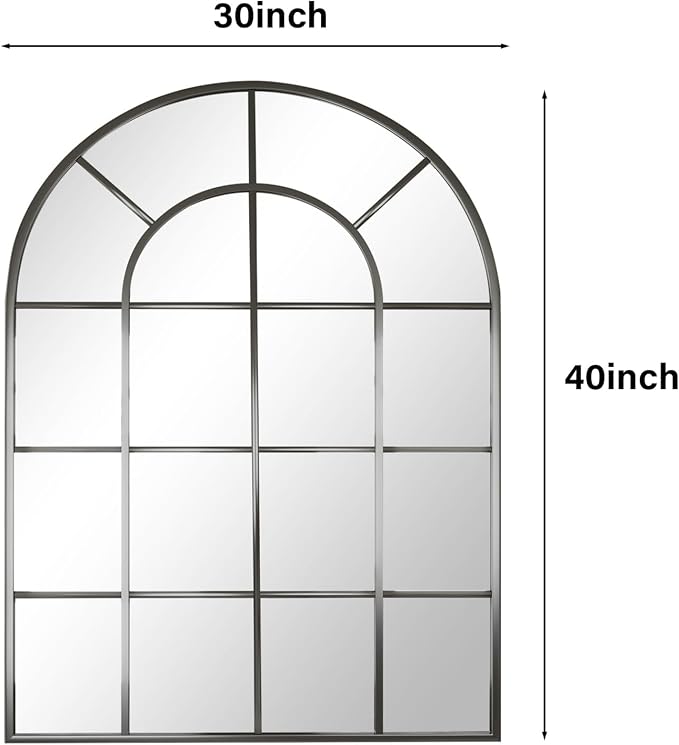30"×40" Windowpane Arched Wall Mirror, Grid-Designed Decorative Farmhouse Wall Mounted Mirror with Metal Frame Hanging Leaning for Entryway, Living Room, Home Decor, Black