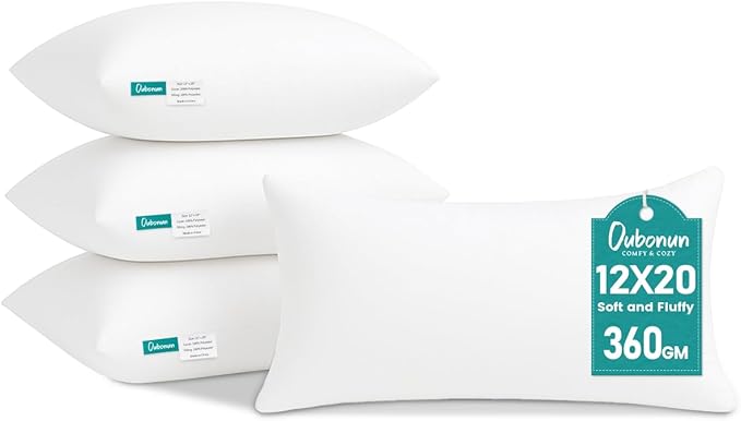 Oubonun 12 x 20 Throw Pillow Inserts - Soft, Plush & Decorative Down Alternative Pillows for Couch Sofa Bed, Machine Washable - White, Pack of 4