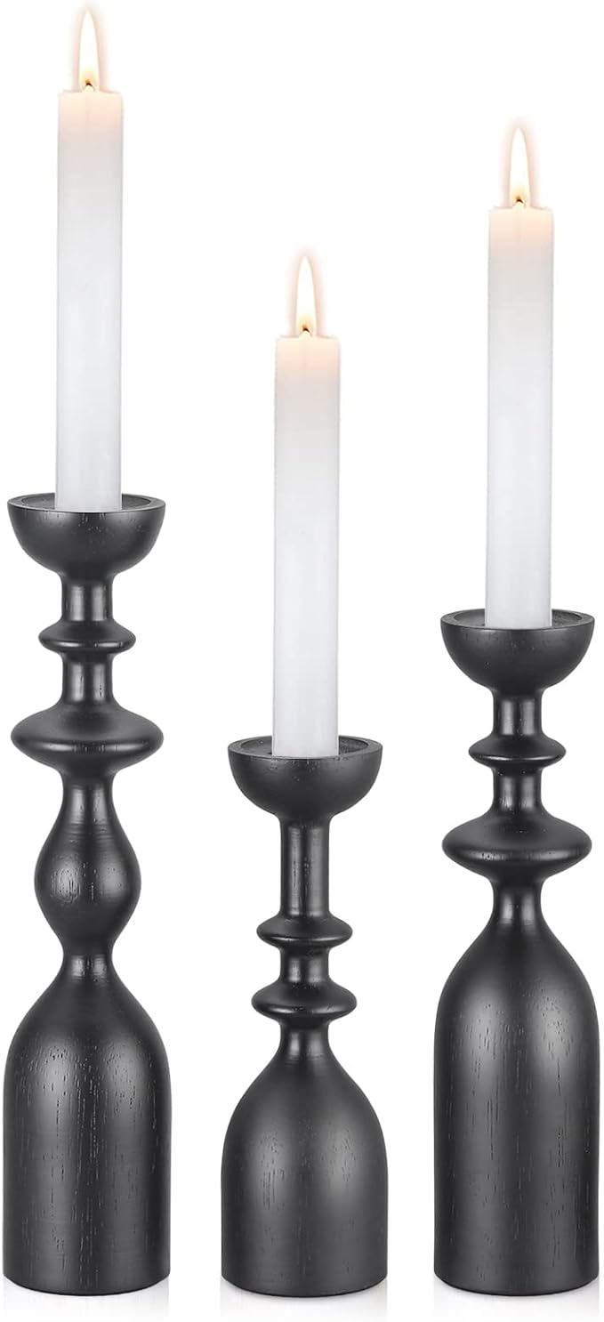 HOWSILAY Wood Candle Holders for Table Centerpiece Black Candlestick Holders - Rustic Candle Stick Candle Holder fits 3/4" or 7/8" Taper Candle and Dia 1.5" Led Tea Lights Candles or Pillar Candles | Solid Handcrafted Wood, 3 Assorted Heights, Fits Tap...