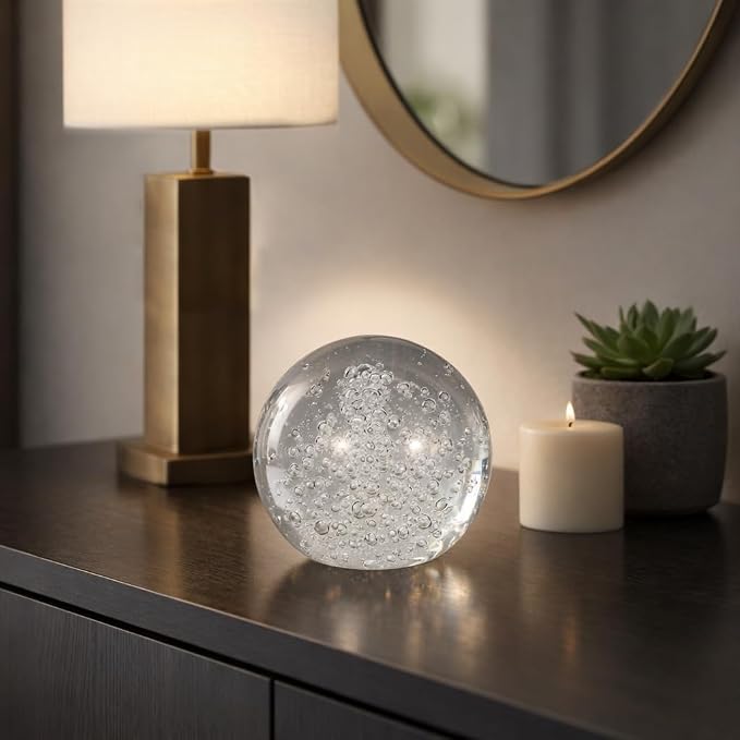 Decorative Crystal Orb Ball for Home Decor - Ornament Sculpture for Bathroom, Office Desk, and Living Room Decor - Ideal Accessory for Shelf Accent and Cofffe Table Display - 5", Clear & Frost