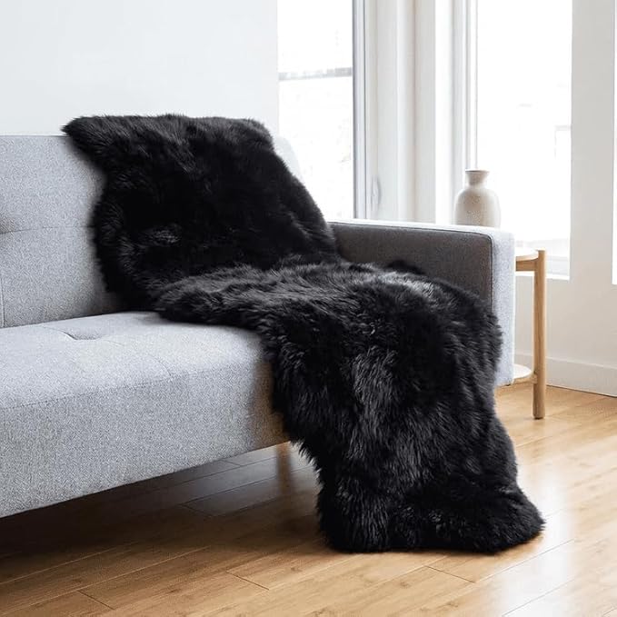 Fluffy Patchwork Sheepskin Rug with Little Patches-Fuzzy Shaggy Fur Genuine Wool Area Carpet for Bedroom Living Room Floor, Pray Pup Mat, Chair Sofa Seat Cover Black 2' x 6'