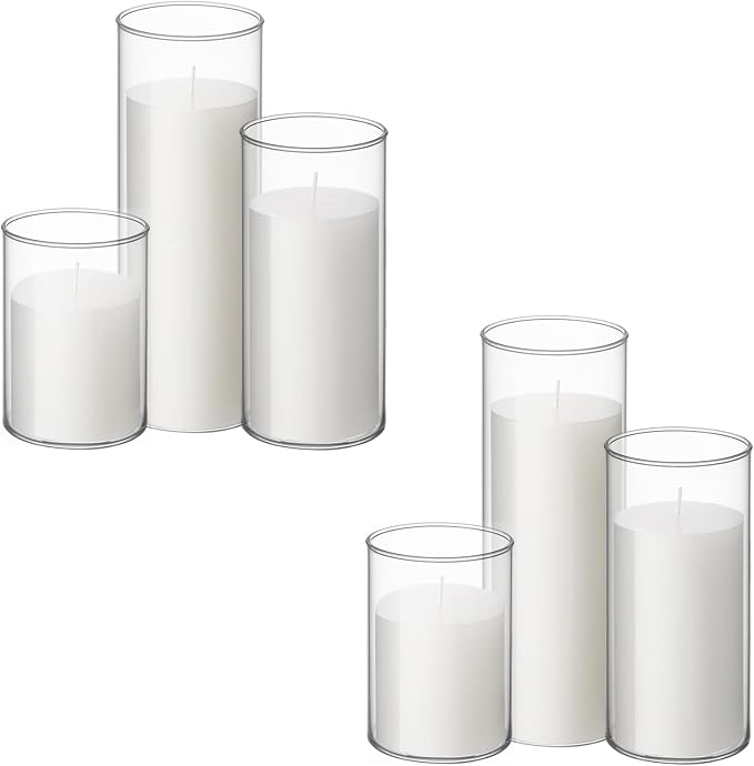 Shihanee Set of 6 Pillar Candles with Glass Cylinder Vases Clear Cylinder Hurricane Candleholders for Slim Tall Pillar Candles Wedding Table Centerpieces(3'' X 5.9", 7.9", 9.8",White)