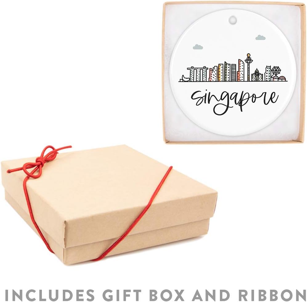 Andaz Press Round Ceramic Porcelain Christmas Tree Ornament Keepsake Gift, Singapore, Colorful International City Skyline Graphic, 1-Pack, Birthday Ideas Family Coworker Him Her, Gift Box