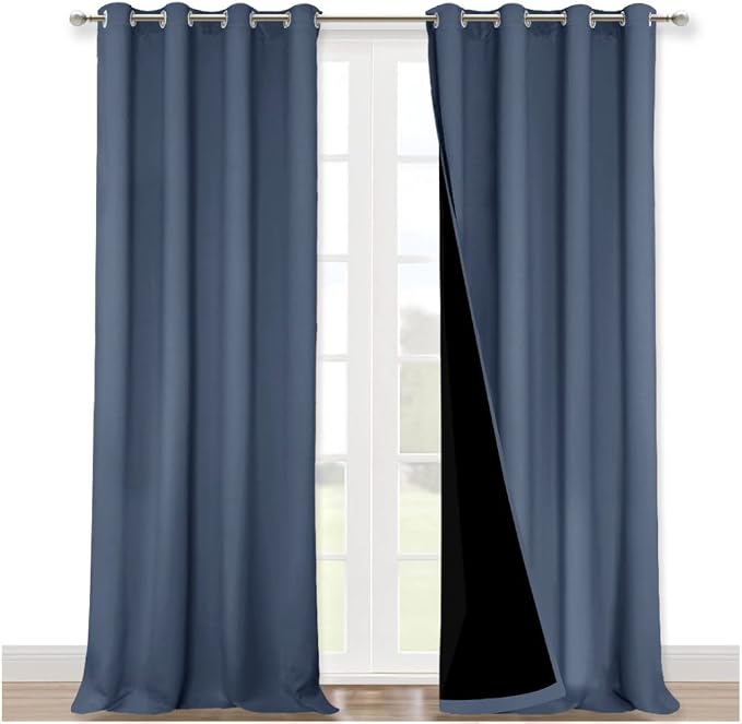 NICETOWN Room Warming Curtains, 100% Sun Blocking Curtains, Sound Proof Drapes with Black Backing, Full Light Blocking Panels for Patio Sliding Door (Stone Blue, 1 Pair, 52 inches x 108 inches)