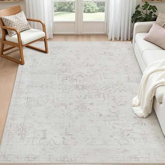 5x7 Area Rugs for Living Room: Vintage Boho Neutral Washable Rug Indoor Soft Large Area Rug Carpet for Bedroom Nursery Farmhouse Dining Room Office Floor Non-Slip Low Pile Under Table Neutral Cream
